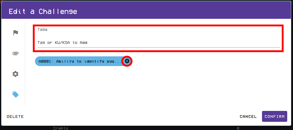 The tag input field and delete icon are shown, with the Tag Input Field at the top, and the delete icon at the bottom left of the window.