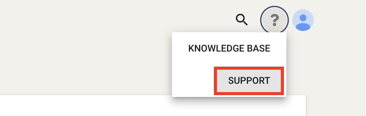 The Support option is found in the dropdown menu under the question mark button as the second option.