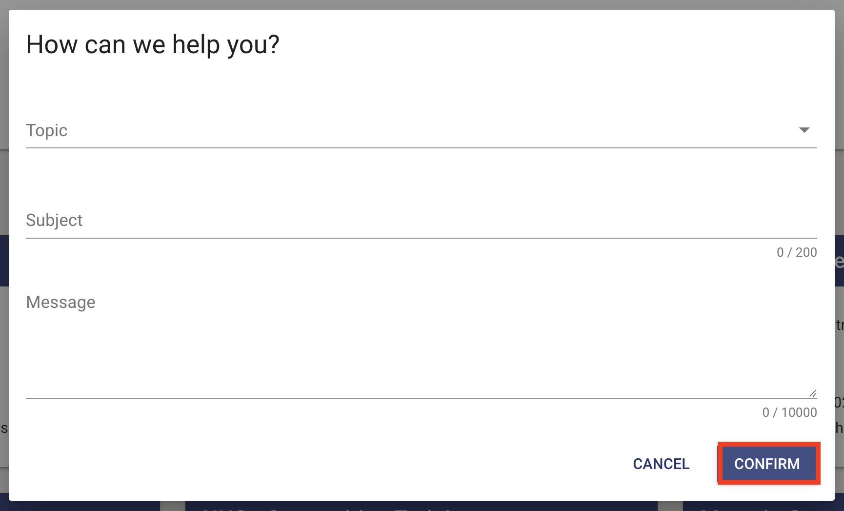 The following fields are displayed in descending order: Topic, Subject, Message. Left to right, the cancel and confirm buttons are available.