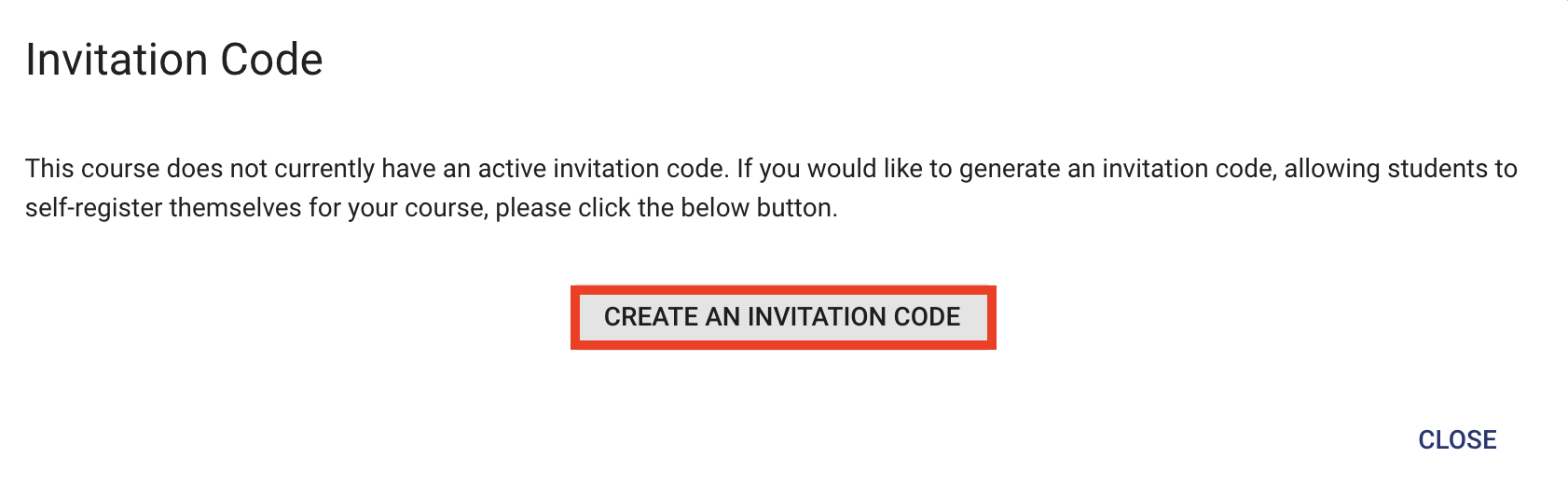 In the middle of the "Invitation Code" window, there is a "create an invitation code" button and a "close" button located underneath in the right corner.