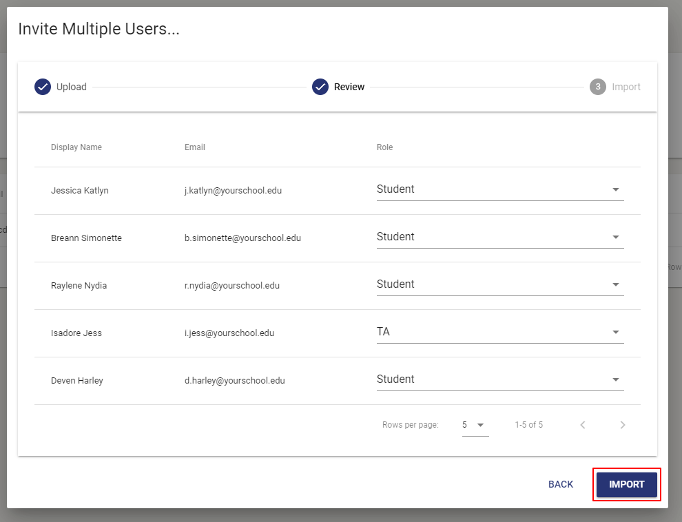 The Review step will show all Display Names, Emails, and Roles of users getting imported.