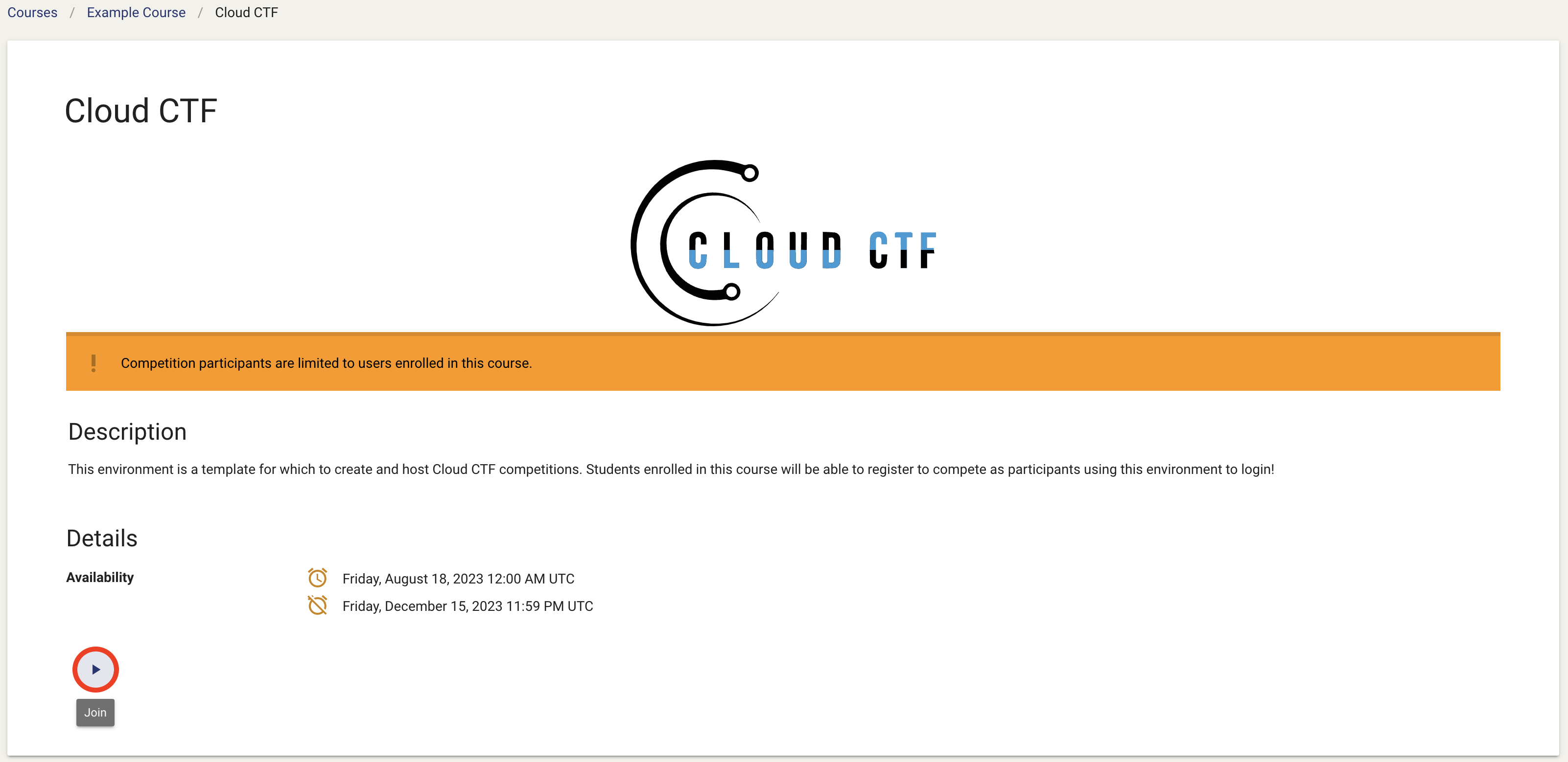 Once inside your course, underneath the details section, select the join button to open up Cloud CTF in another tab of your browser.