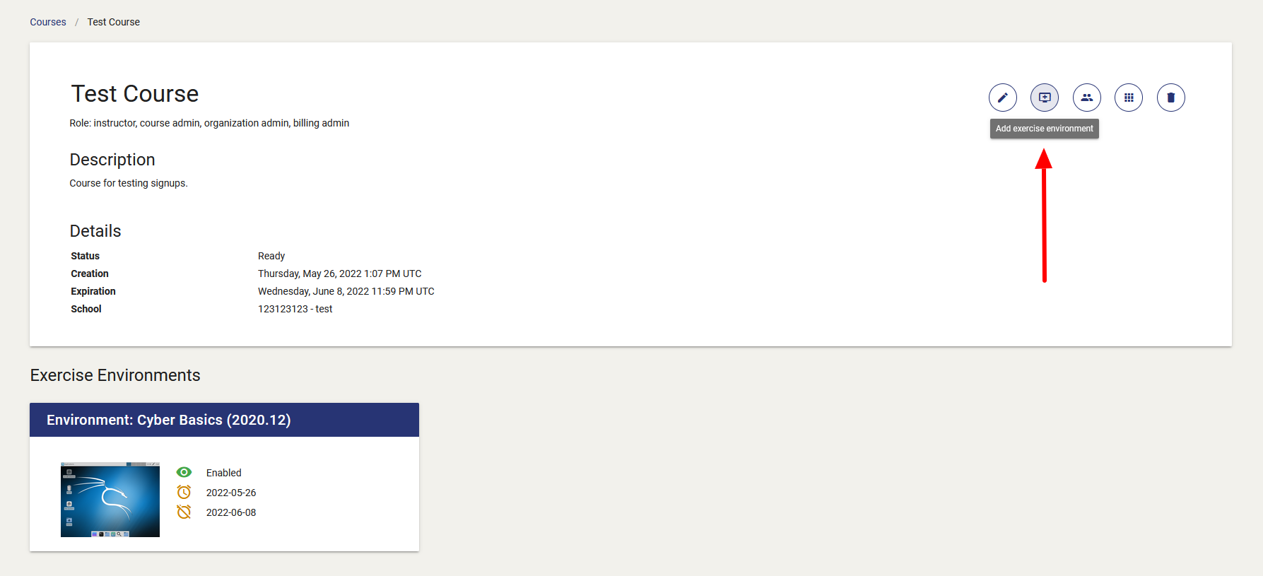 The Add Exercise Environment feature can be accessed by activating the Add Exercise Environment button on the top right of the course page