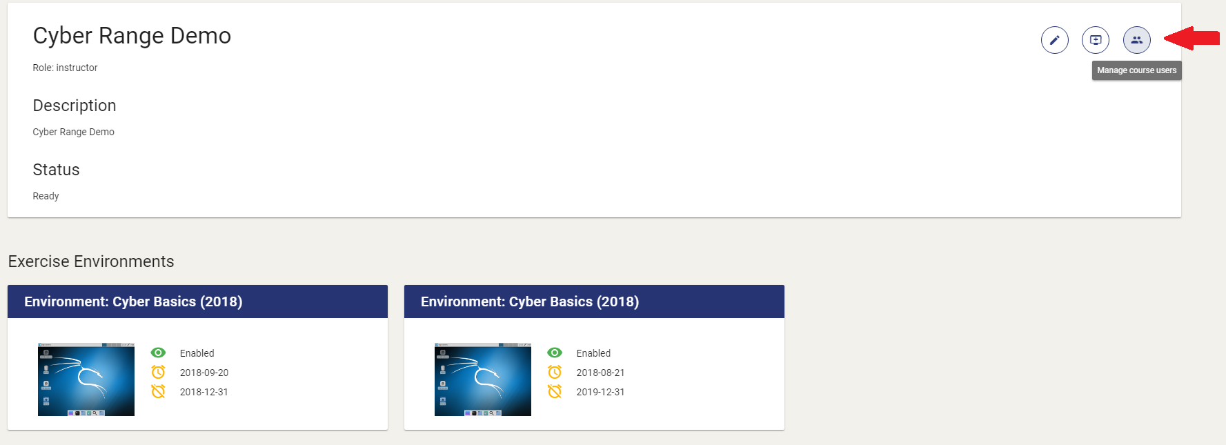 The "Manage Course Users" button is located to the right of the "Add exercise environment" button.