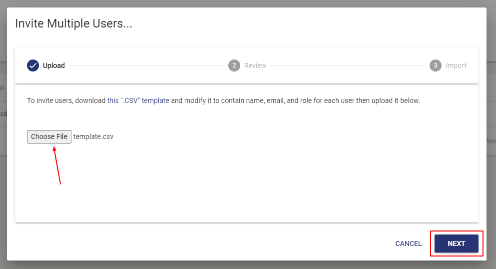 The Choose File provides a dialog for uploading the csv. The Next button is located after the Cancel button.