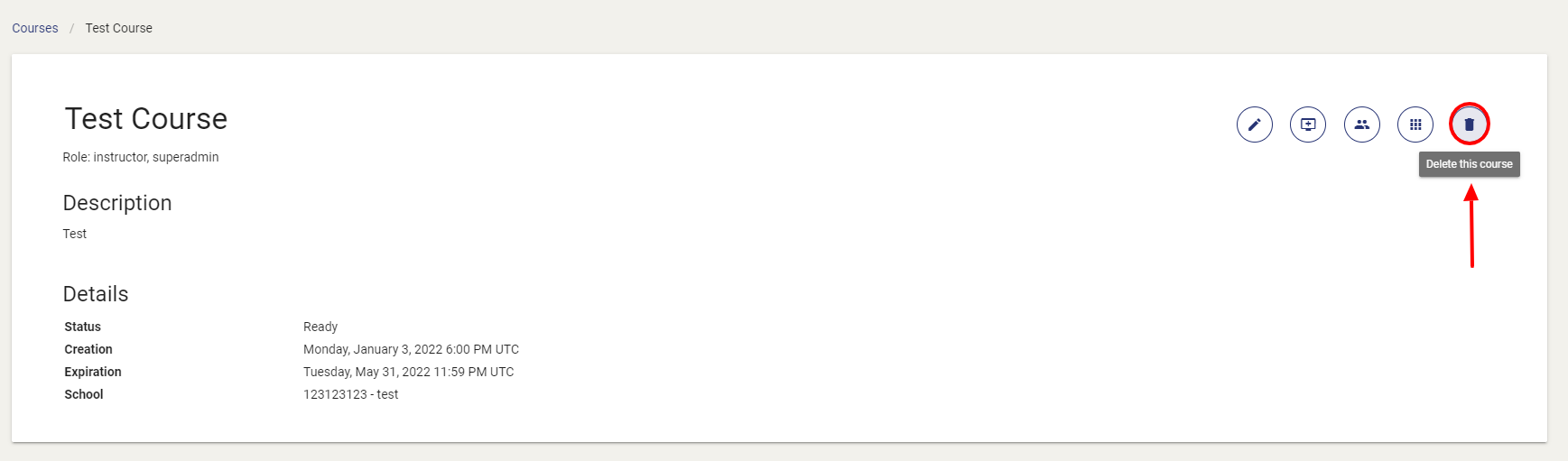 The "Delete this course" icon is located in the very top right corner.