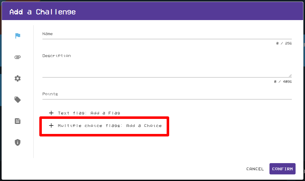 The "Multiple choice flags: Add a Choice" button is located below the "Text flag: Add a flag" button towards the bottom of the form.