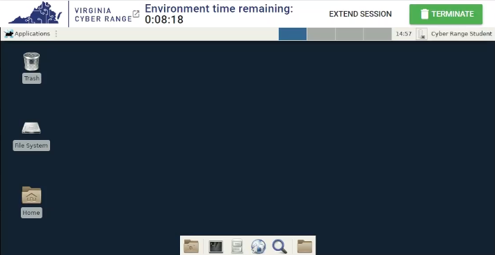 In the exercise environment, the environment time remaining is shown at the top as eight minutes, with an "EXTEND SESSION" button with a "TERMINATE" button to its right.